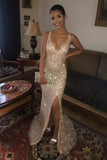 Sheath Column Gold Sequin V Neck Prom Dress With Slit