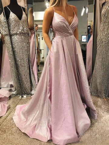 Spaghetti Strap Pink Sequin Backless Prom Dress with High Slit
