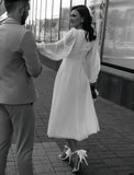 Long Sleeve Ankle Length V Neck Chiffon Wedding Dress