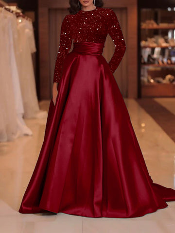 Burgundy Sequin Long Sleeve A Line Prom Dress