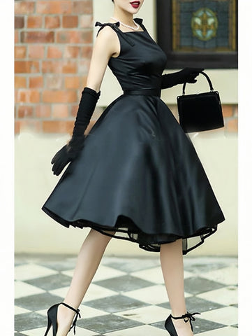 A-Line Vintage Black Satin Cocktail Dress