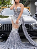 Mermaid Silver Sequin Beading Sparkle Prom Dress