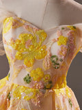 Floral Tulle Yellow A-Line Off Shoulder Homecoming Dress