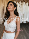 Two Piece Lace V Neck Sheath Column Wedding Dress