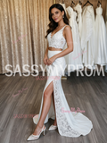 Two Piece Lace V Neck Sheath Column Wedding Dress