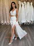 Two Piece Lace V Neck Sheath Column Wedding Dress