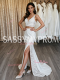 Two Piece Lace V Neck Sheath Column Wedding Dress
