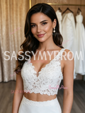 Two Piece Lace V Neck Sheath Column Wedding Dress
