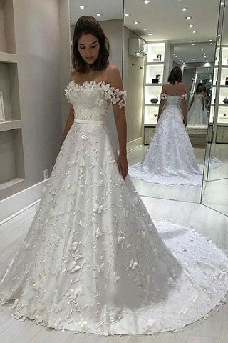 Off Shoulder Floral A-line Lace Wedding Dress