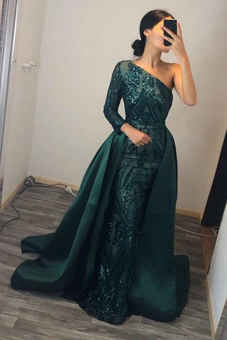 Green Long Sleeve Sequin Mermaid Prom Dress With Detachable Train