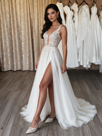 V Neck Lace Appliqué A Line Wedding Dress