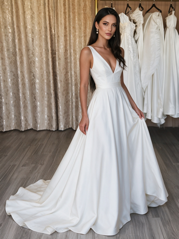 Satin V Neck A Line Wedding Dress