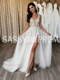 V Neck Lace Appliqué A Line Wedding Dress