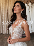 V Neck Lace Appliqué A Line Wedding Dress