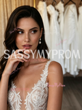 V Neck Lace Appliqué A Line Wedding Dress