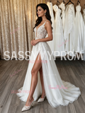 V Neck Lace Appliqué A Line Wedding Dress