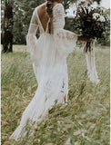 Long Sleeve Lace V Neck Backless Wedding Dress