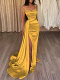 Burgundy Spaghetti Strap Satin Trumpet Mermaid Prom Dress With Slit