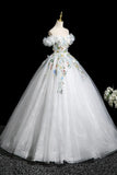 White Floral Tulle Off The Shoulder Prom Dress