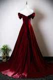 A Line Ruched Burgundy Off The Shoulder Prom Dress