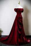 A Line Ruched Burgundy Off The Shoulder Prom Dress