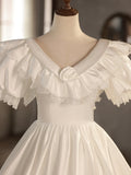 Satin Ball Gown Puffy Sleeves White V-Neck Wedding Dress