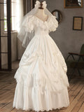Satin Ball Gown Puffy Sleeves White V-Neck Wedding Dress