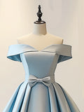 Elegant Sky Blue Satin Off-Shoulder Prom Dress