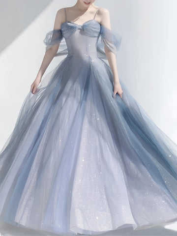 Tulle Sparkle Blue Off The Shoulder Prom Dress