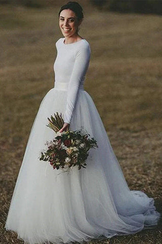 Long Sleeve White Fluffy Tulle Wedding Dress
