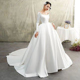 Satin Chapel Train Satin Long Sleeve Ball Gown Wedding Dress