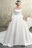 Satin Chapel Train Satin Long Sleeve Ball Gown Wedding Dress