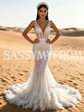 Feather Sequin Trumpet Mermaid V Neck White Prom Dress
