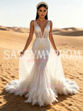 Feather Sequin Trumpet Mermaid V Neck White Prom Dress