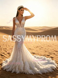 Feather Sequin Trumpet Mermaid V Neck White Prom Dress