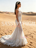 Feather Sequin Trumpet Mermaid V Neck White Prom Dress