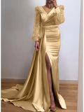 V Neck Satin Burgundy Trumpet Mermaid Long Sleeve Prom Dress