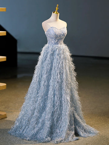2023 Feather Floor Length Blue A-Line Strapless Prom Dress Sassymyprom 2023 Feather Floor Length Blue A-Line Strapless Prom Dress Sassymyprom