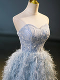 Feather Floor Length Blue A-Line Strapless Prom Dress
