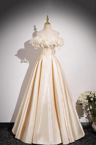 Satin Flowers Off The Shoulder A Line Champagne Prom Dress