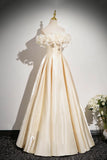 Satin Flowers Off The Shoulder A Line Champagne Prom Dress