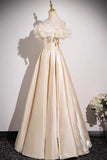 Satin Flowers Off The Shoulder A Line Champagne Prom Dress