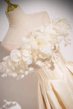 Satin Flowers Off The Shoulder A Line Champagne Prom Dress