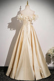 Satin Flowers Off The Shoulder A Line Champagne Prom Dress