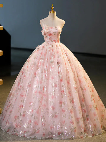 Sweet Strapless Tulle Flower Pink Print Prom Dress