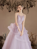 Purple Tulle Long A-Line Beading Straps Prom Dress
