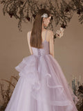 Purple Tulle Long A-Line Beading Straps Prom Dress