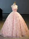 Sweet Strapless Tulle Flower Pink Print Prom Dress