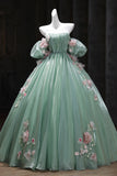 Ball Gown Off The Shoulder Green Tulle Long Prom Dress