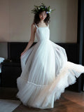 Long A-Line Boho Simple White Tulle Wedding Dress